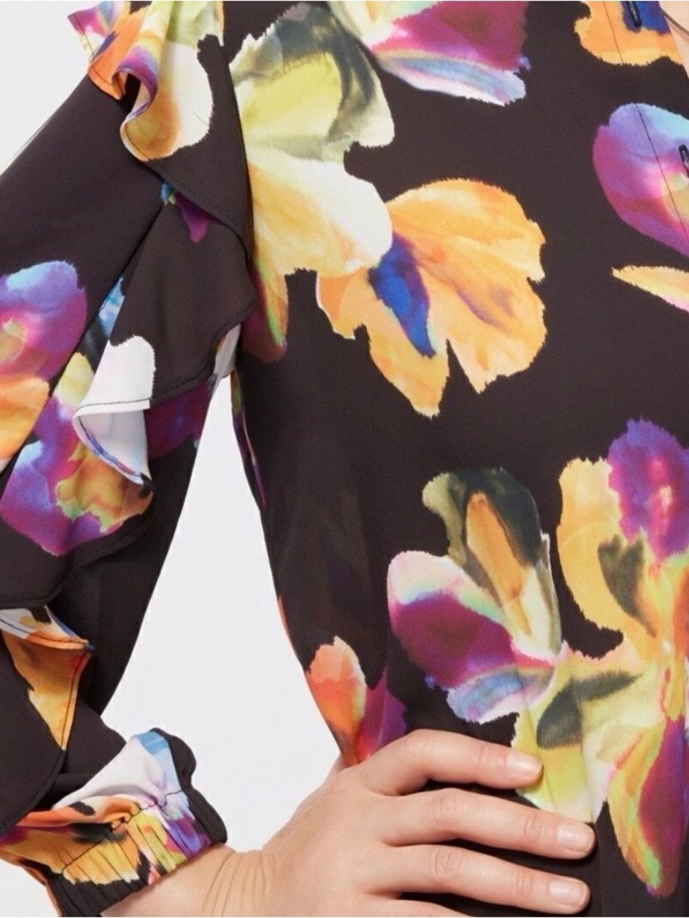 Chico's chiffon botanical Black Floral Ruffle-Sleeve Button Blouse - Picture 4 of 11